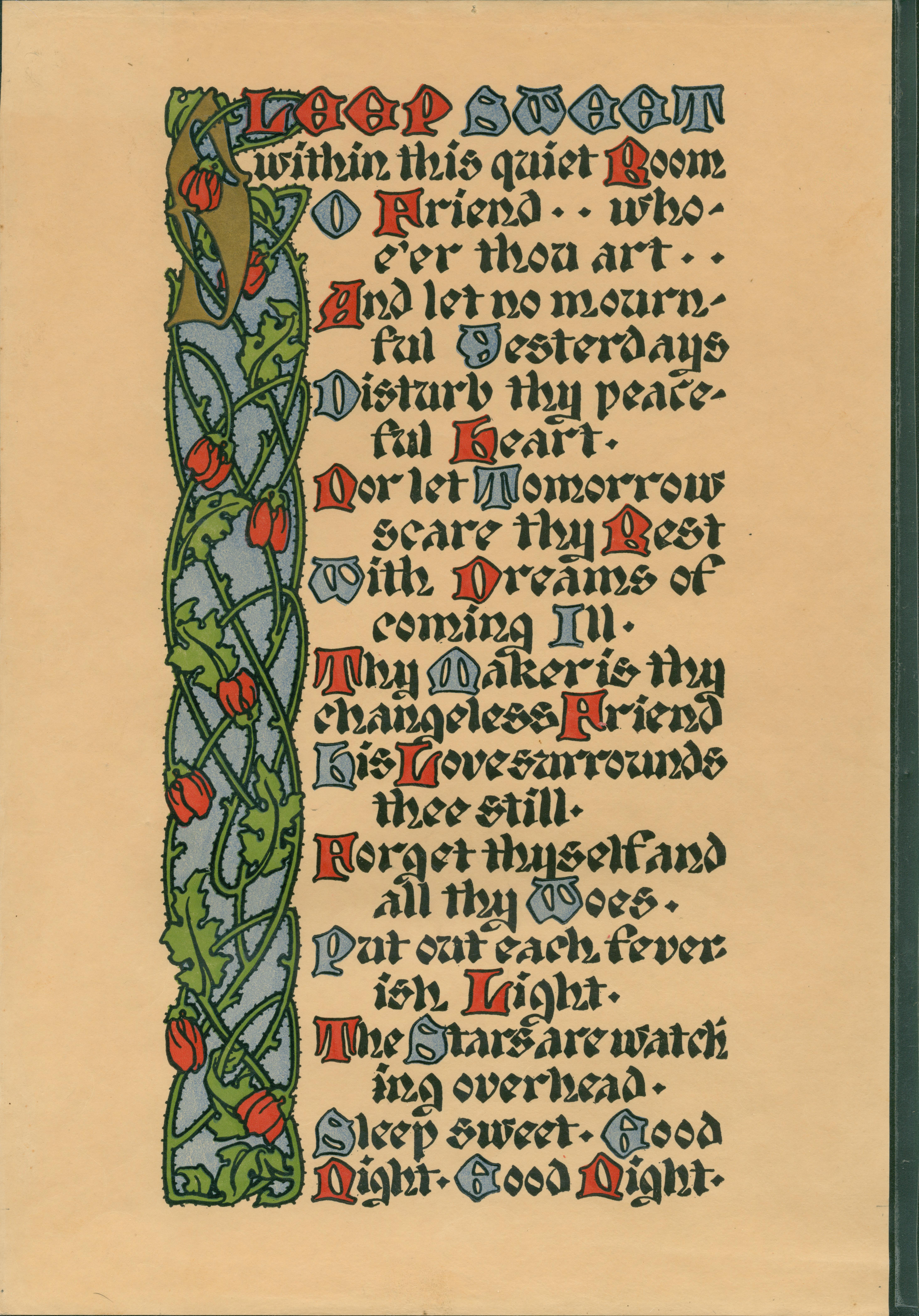 Inputter Note: This hand-colored poem shows a rose vine climbing up the left side of the page. Assorted letters in the poem are colored red and blue.